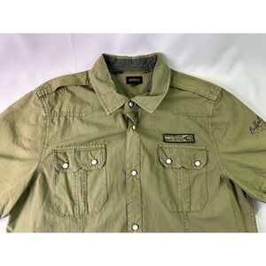 Buffalo David Bitton Men's Large Shirt Olive Green Military Western Pearl Snap